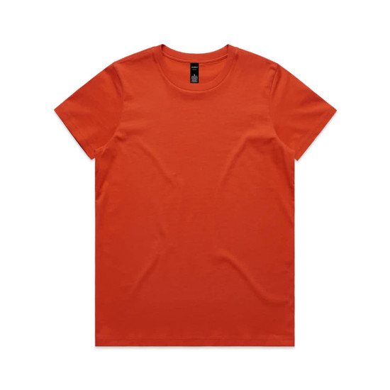 An orange t-shirt featuring a round neckline and short sleeves, with a label at the neck.