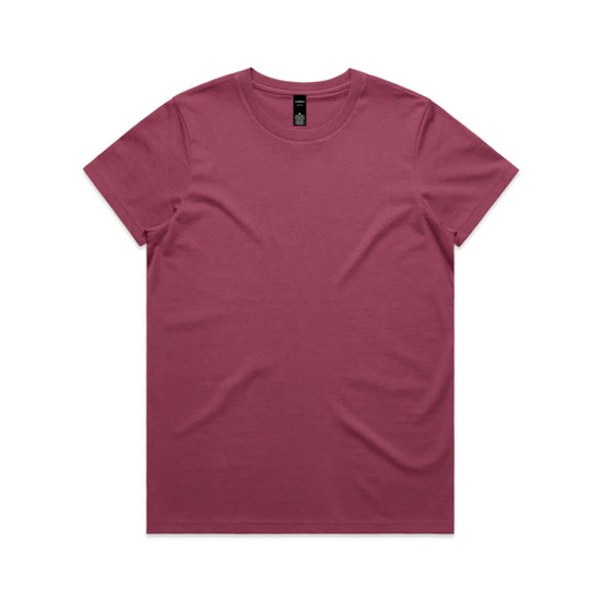 A maroon T-shirt featuring a simple design and a tag, suitable for casual wear.