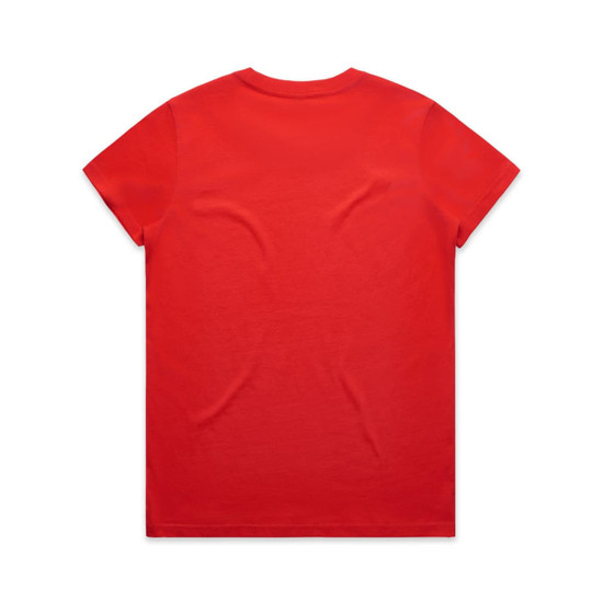 A red T-shirt with a round neckline and short sleeves, featuring a logo on the back.
