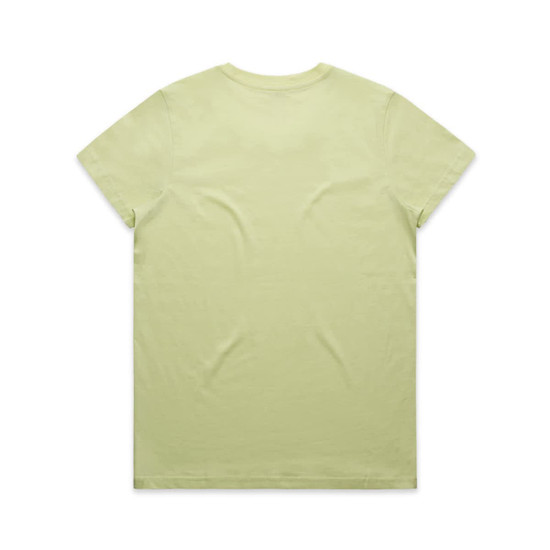 A light green T-shirt with a round neckline and short sleeves, featuring a logo.