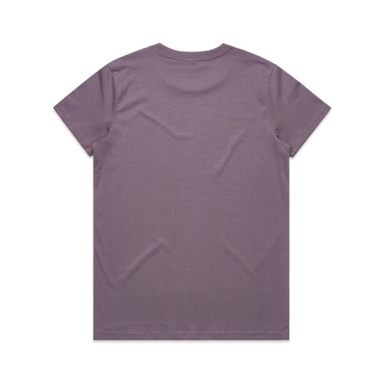 A plain purple t-shirt with a classic crew neckline and short sleeves. It features a branding logo on the back.