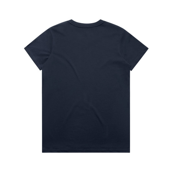 A navy blue t-shirt featuring a plain back design and a logo on the neck area.