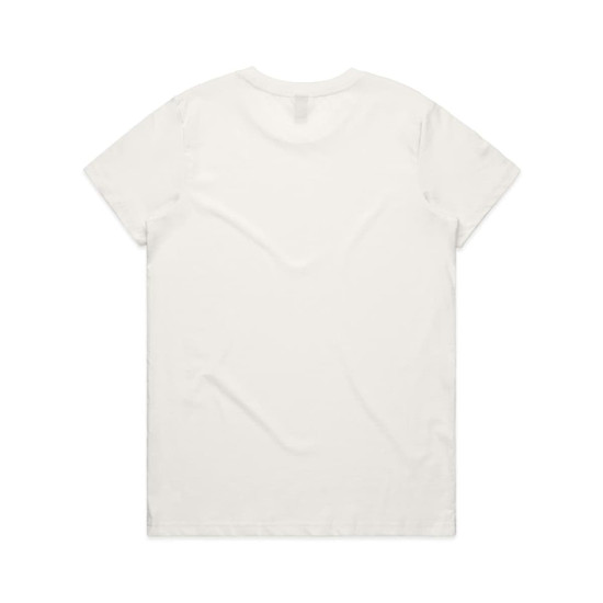 A plain white T-shirt featuring a simple design and a logo on the back.