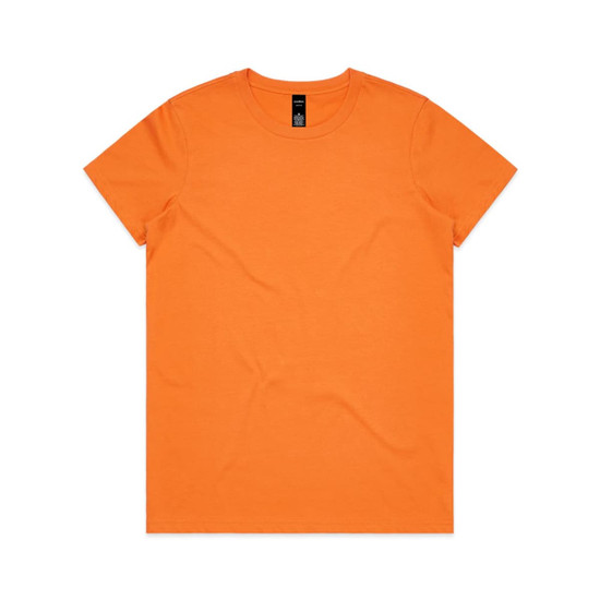 An orange T-shirt with a round neckline and short sleeves, featuring a logo on the tag.