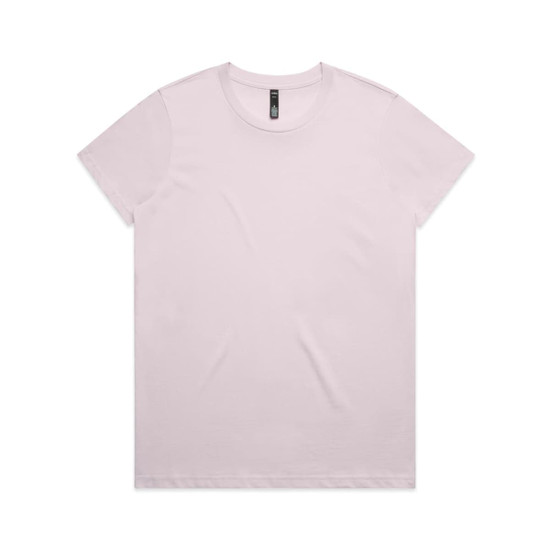 A light pink t-shirt featuring a simple design and a logo on the label.