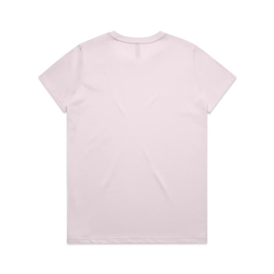 A plain light pink T-shirt with a round neckline and short sleeves, featuring a logo on the back.
