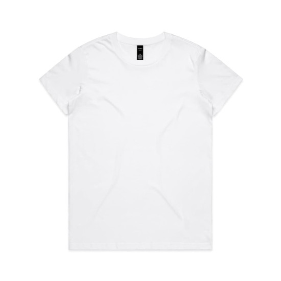 A plain white T-shirt with a round neckline and short sleeves, featuring a logo on the label.