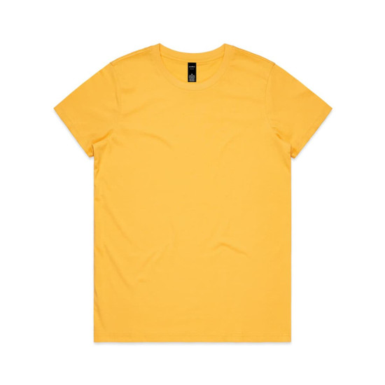 A yellow t-shirt with a round neckline and short sleeves. It features a logo at the neck.