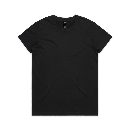 A black T-shirt featuring a round neckline and short sleeves, with a brand logo inside the collar.