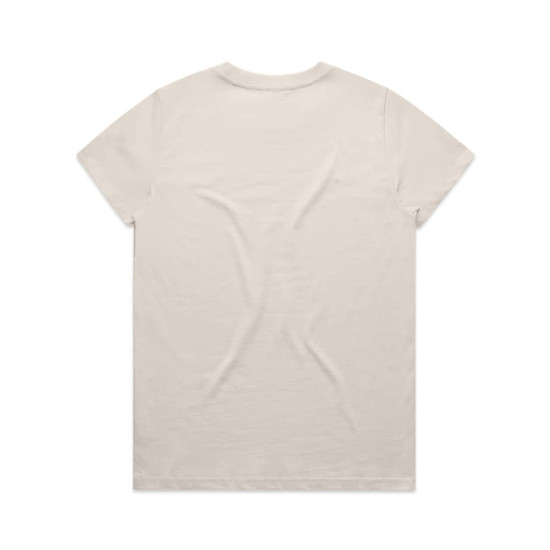A beige T-shirt with a simple design and a logo on the back.