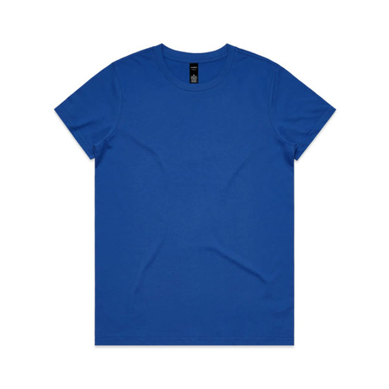 A blue T-shirt featuring a simple design and a logo on the label.