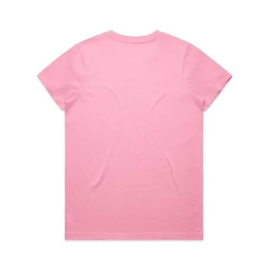 A pink t-shirt with a plain back and a circular neckline, featuring a logo.
