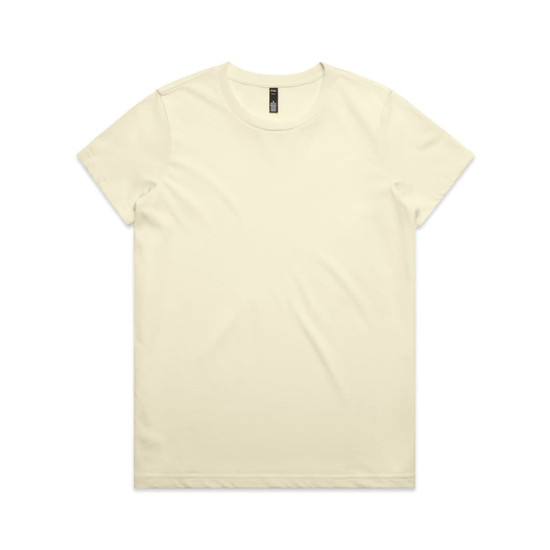 A plain light yellow t-shirt with a round neck, featuring a brand label on the neckline.