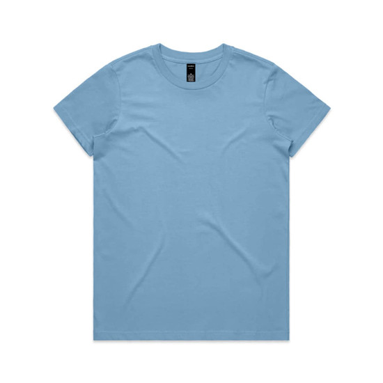 A light blue T-shirt with a crew neck and a small logo on the label.
