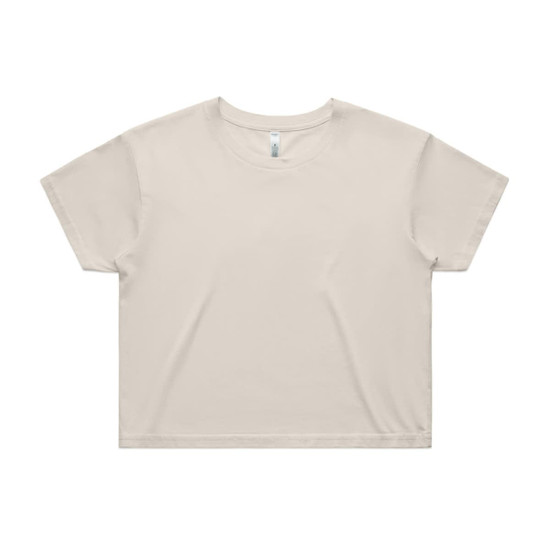 A light beige crop tee with a relaxed fit, featuring a simple design and a logo on the label.