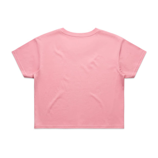 A pink crop tee with short sleeves and a plain back, featuring a logo.