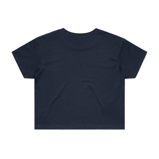 A dark navy crop tee with a plain back design and short sleeves. Features a logo on the back.