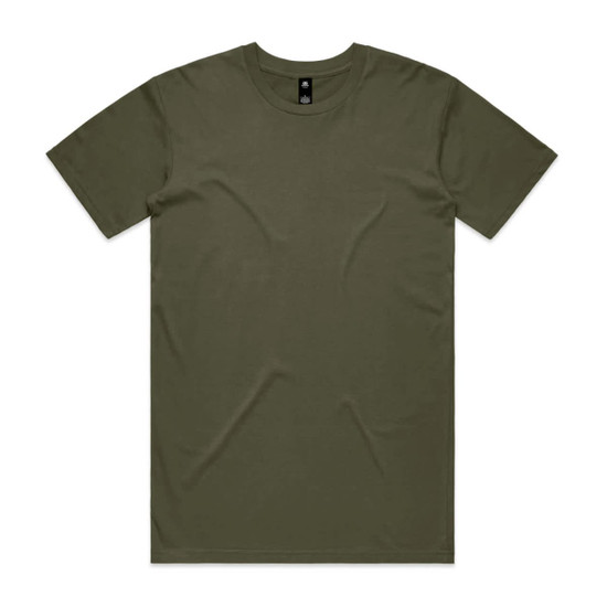 An olive green T-shirt with a classic crew neckline and short sleeves. The shirt features a logo.