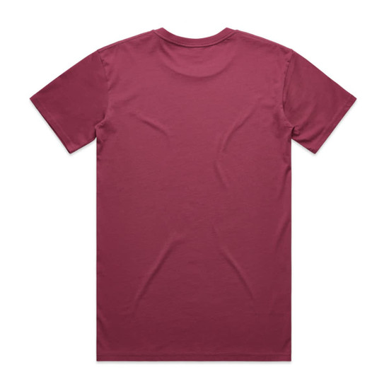 A maroon T-shirt with short sleeves, featuring a tagless back and no other visible design elements.
