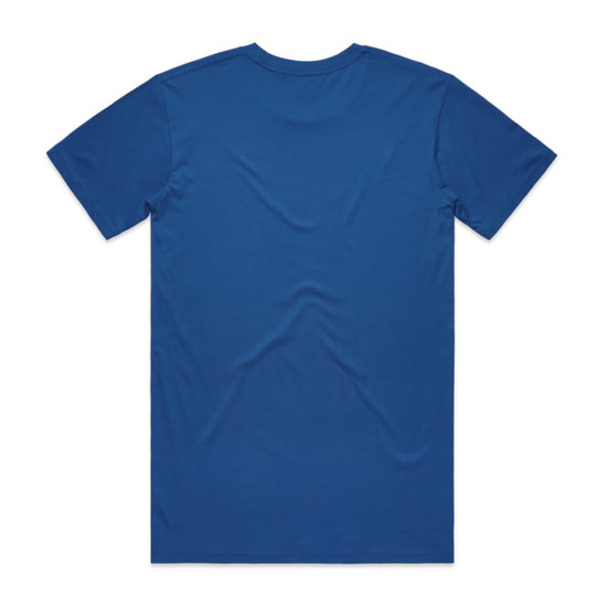 A blue T-shirt with short sleeves and a plain back, featuring a branding logo.