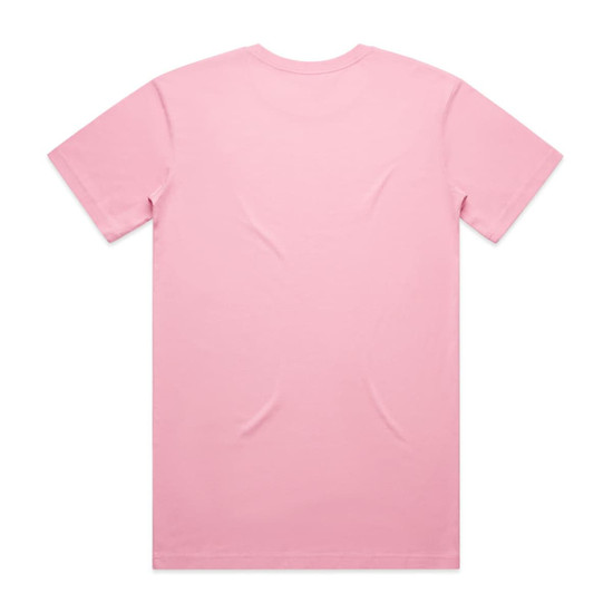 A pink T-shirt with a plain back design, featuring a logo or branding.