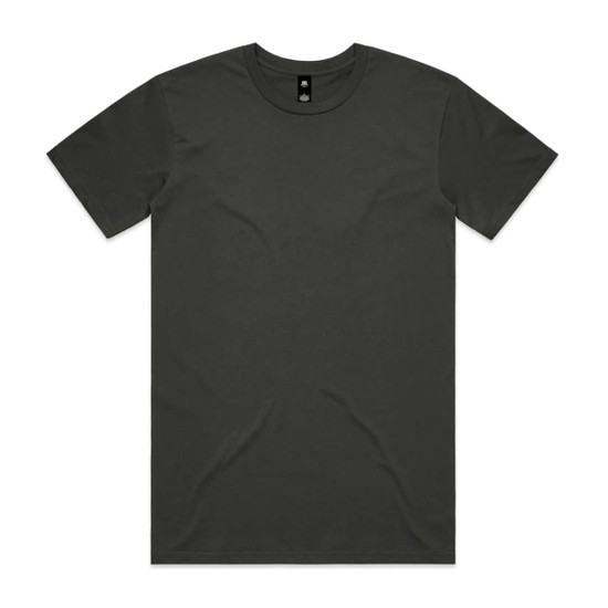A plain dark grey t-shirt featuring a round neckline and short sleeves, with a logo on the label.