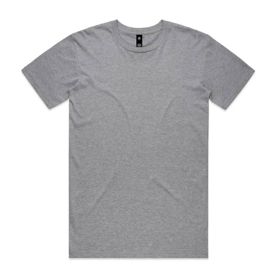A grey T-shirt with a round neck and short sleeves, featuring a logo on the neckline.