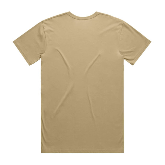A plain beige T-shirt with a crew neck and short sleeves, featuring a logo on the back.