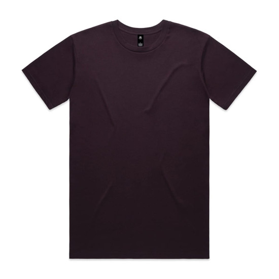 A dark purple T-shirt with a round neck and short sleeves, featuring a logo on the interior label.