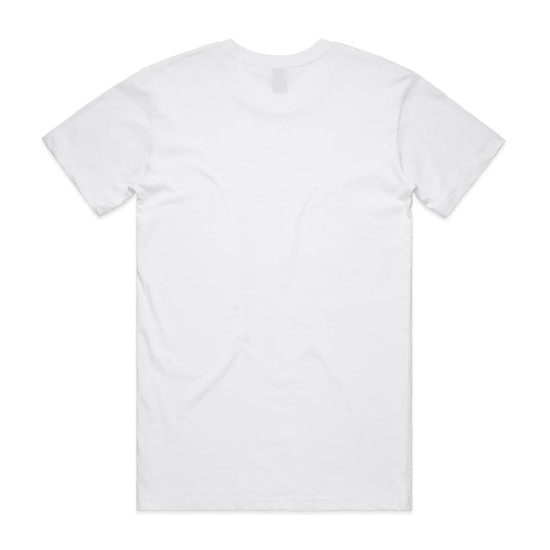 A plain white T-shirt with a round neckline and short sleeves, featuring a logo on the back.