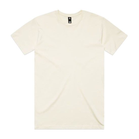 A plain cream-coloured T-shirt featuring short sleeves and a round neckline, with a logo on the label.