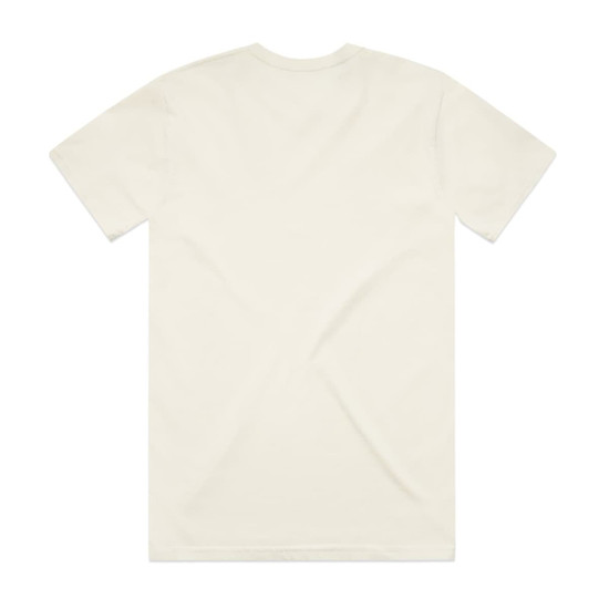 A light beige T-shirt with a simple design and a brand logo on the back.
