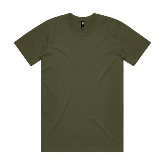 An olive green classic tee made from soft fabric, featuring a round neckline and short sleeves. It includes a logo.