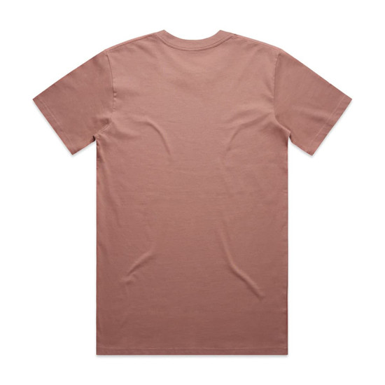 A plain, blush pink t-shirt with a standard crew neck and short sleeves, featuring a subtle branding detail.