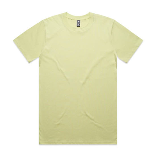 A plain light yellow t-shirt with a crew neckline and short sleeves. It features a label and has no visible designs.