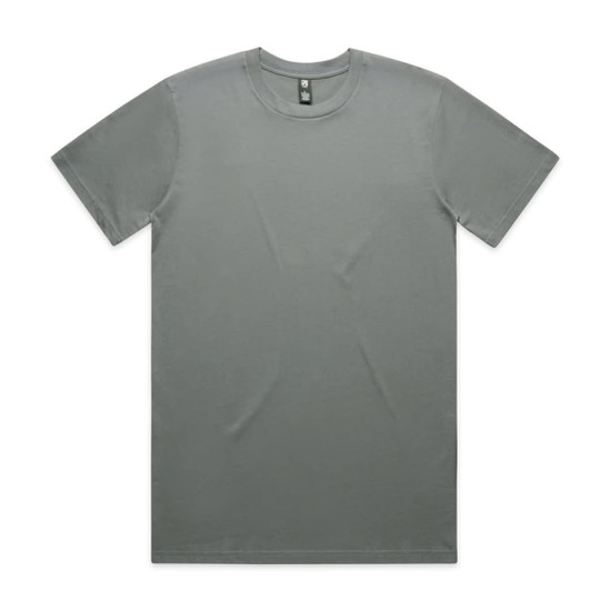 A grey classic tee with a round neckline and short sleeves. The shirt features a logo on the label.