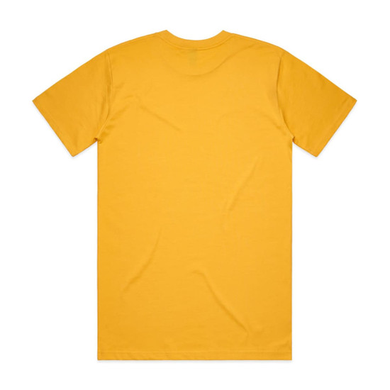 A plain yellow T-shirt with short sleeves and a round neckline, featuring a logo on the back.