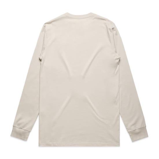 A long-sleeved beige t-shirt, featuring a crew neck and fitted cuffs. The back is plain with no designs.