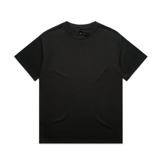 A black heavy tee shirt with a crew neck and short sleeves. The design includes a logo on the label.