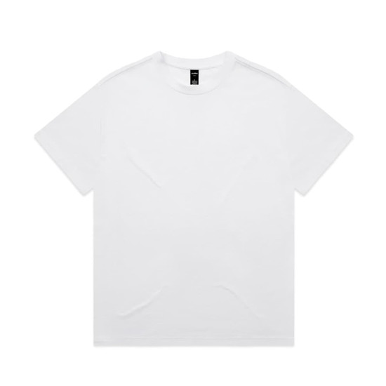 A white T-shirt with a relaxed fit and minimal design, featuring a brand logo on the label.