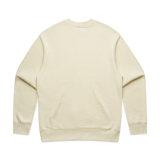 A cream-coloured sweater with a simple design and a logo on the back.