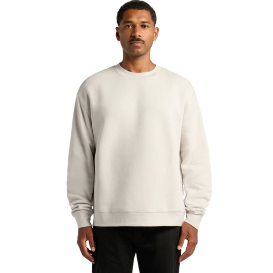 A light grey sweater featuring a crew neckline and long sleeves. It has a logo on the front.