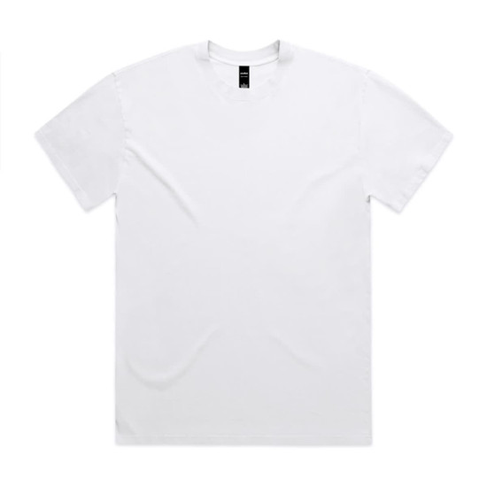 A white T-shirt featuring a simple design and a logo on the neck label.