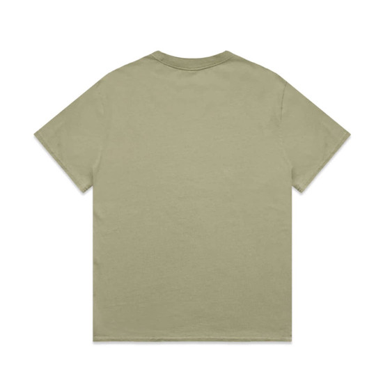 A faded green T-shirt with a plain back. The shirt has short sleeves and a relaxed fit, featuring a logo.