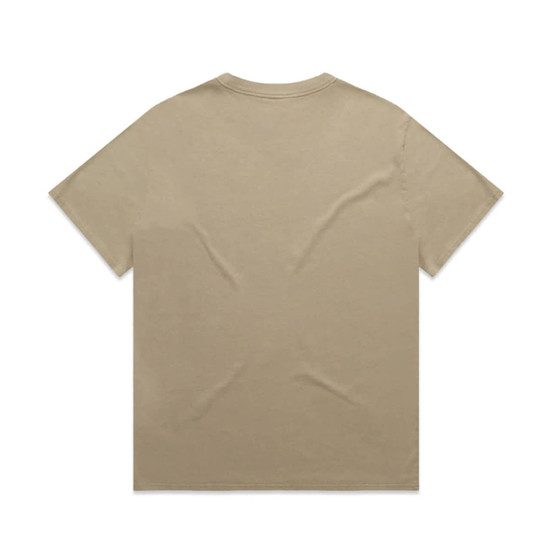 A faded beige t-shirt with short sleeves and a back view, featuring a logo.