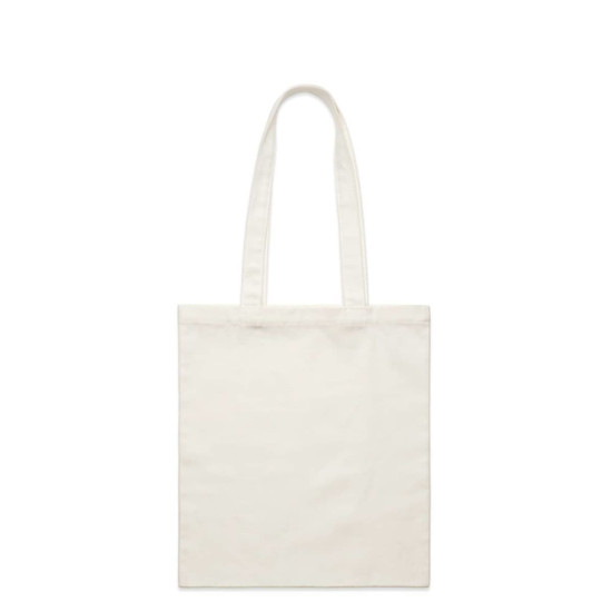A plain white tote bag with long handles and no visible logo or branding.