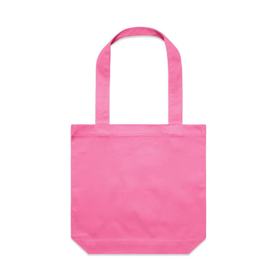 A pink tote bag with two shoulder straps and a simple design, featuring a logo.