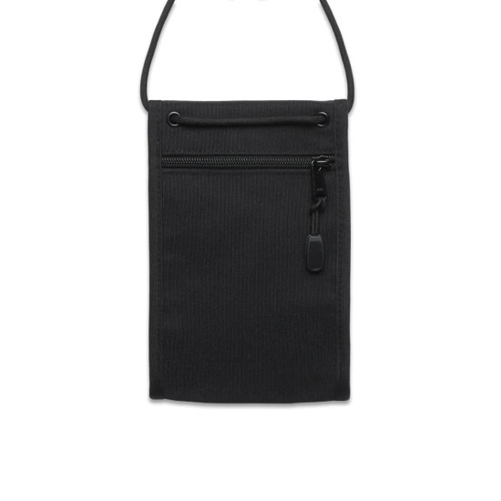 A black recycled phone bag with a zippered pocket and a strap for carrying. Features a branding logo.