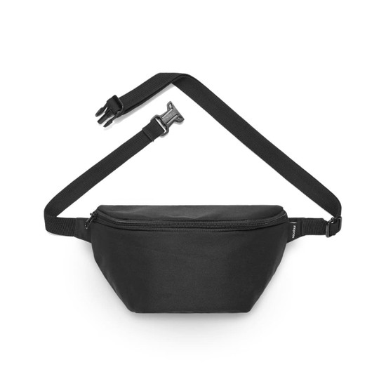 A black bum bag with a zippered compartment and an adjustable strap. It features a logo on the surface.