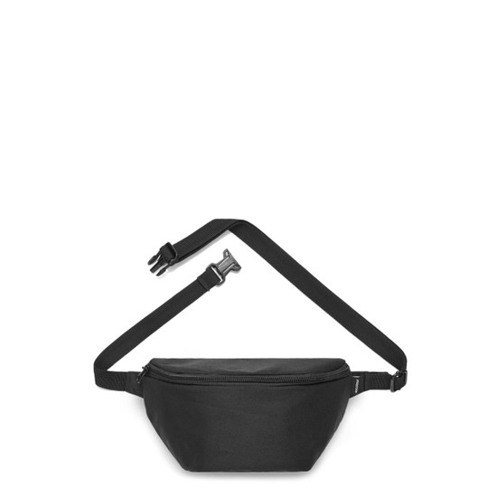 A black bum bag with an adjustable strap and a buckle closure, featuring a simple design and a logo.